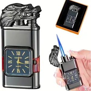 Creative Black Dragon Head Dual Flame Torch Butane Lighter with Real Quartz Watch Face ( Ships Dry - NO BUTANE GAS INCLUDED )- Windproof Refillable Metal Lighter Visibly Fuel Window Unique Men Valentine's Day Gifts for Men Boyfriend couple