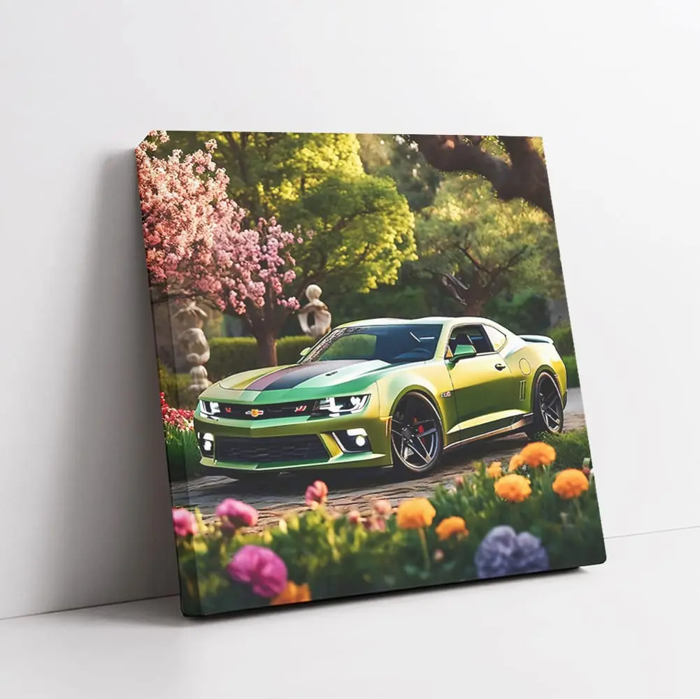 Chevrolet Camaro Ss Green In Flowers Cars Wall Posters Living Room Art Canvas & Gift For Men
