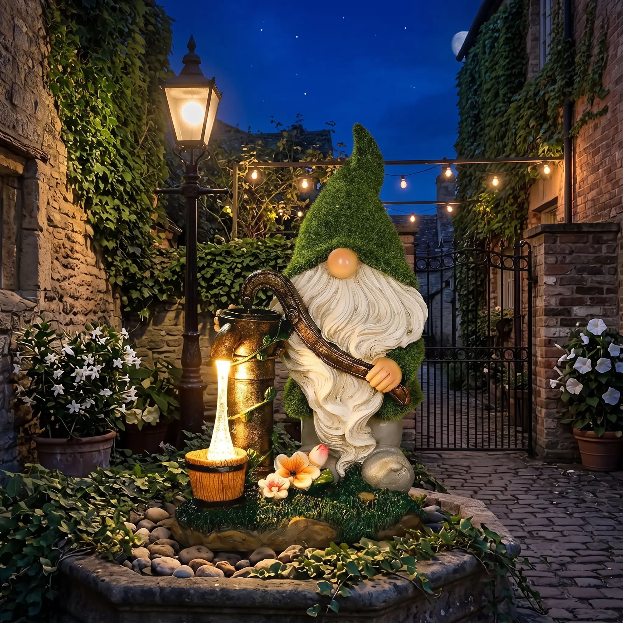 Solar Garden Gnome Statue - Flocked Moss Resin Outdoor Decor with LED Light, Water Pump Water Well Sculpture, Lawn Ornament, Unique Patio Art, Fairy Garden Gift for Housewarming, Mother’s Day
