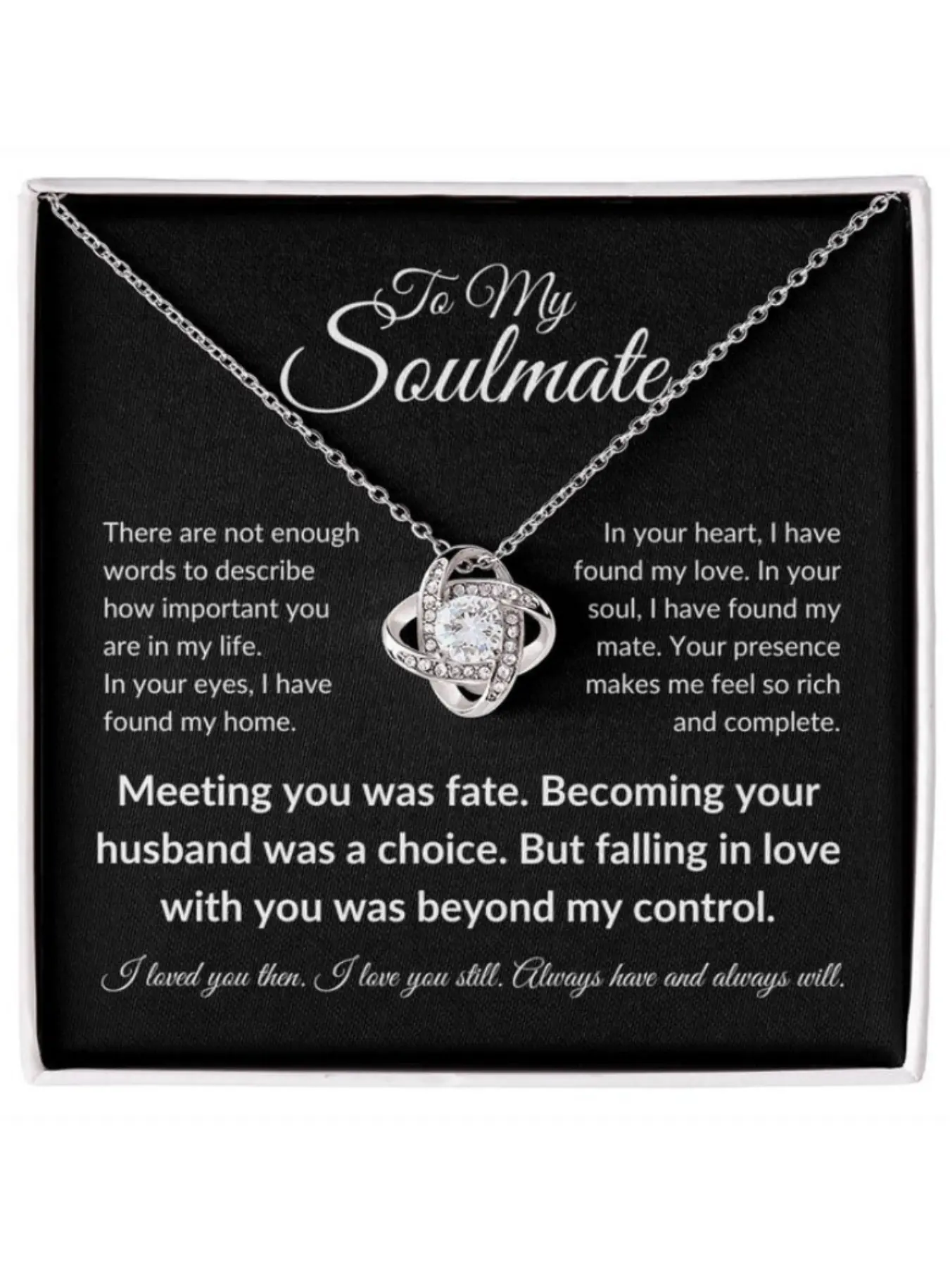 To My Soulmate Love Knot Necklace with Romantic Message Card and Gift Box Anniversary, Wedding, Valentine’s Day Gift for Wife/Girlfriend