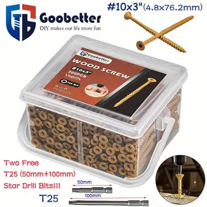 300Pcs T25 Torx Self Tapping Wood Screws, #10×3 Earthy Yellow Coated Rust Resistant Countersunk Wood Screws, Easy Installation Heavy Duty Wood Fastening Construction Screws