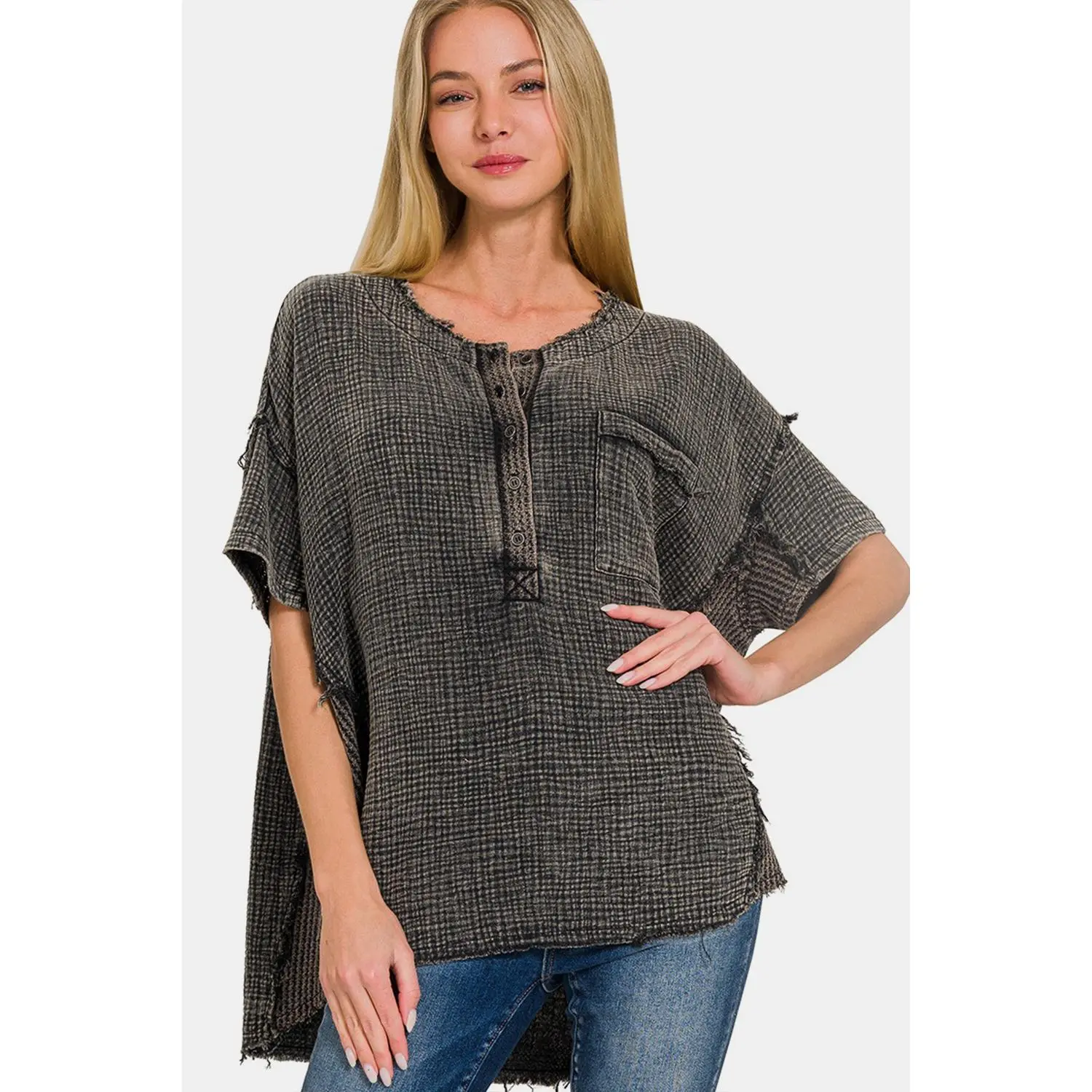 Zenana Washed Texture Half Button T-Shirt