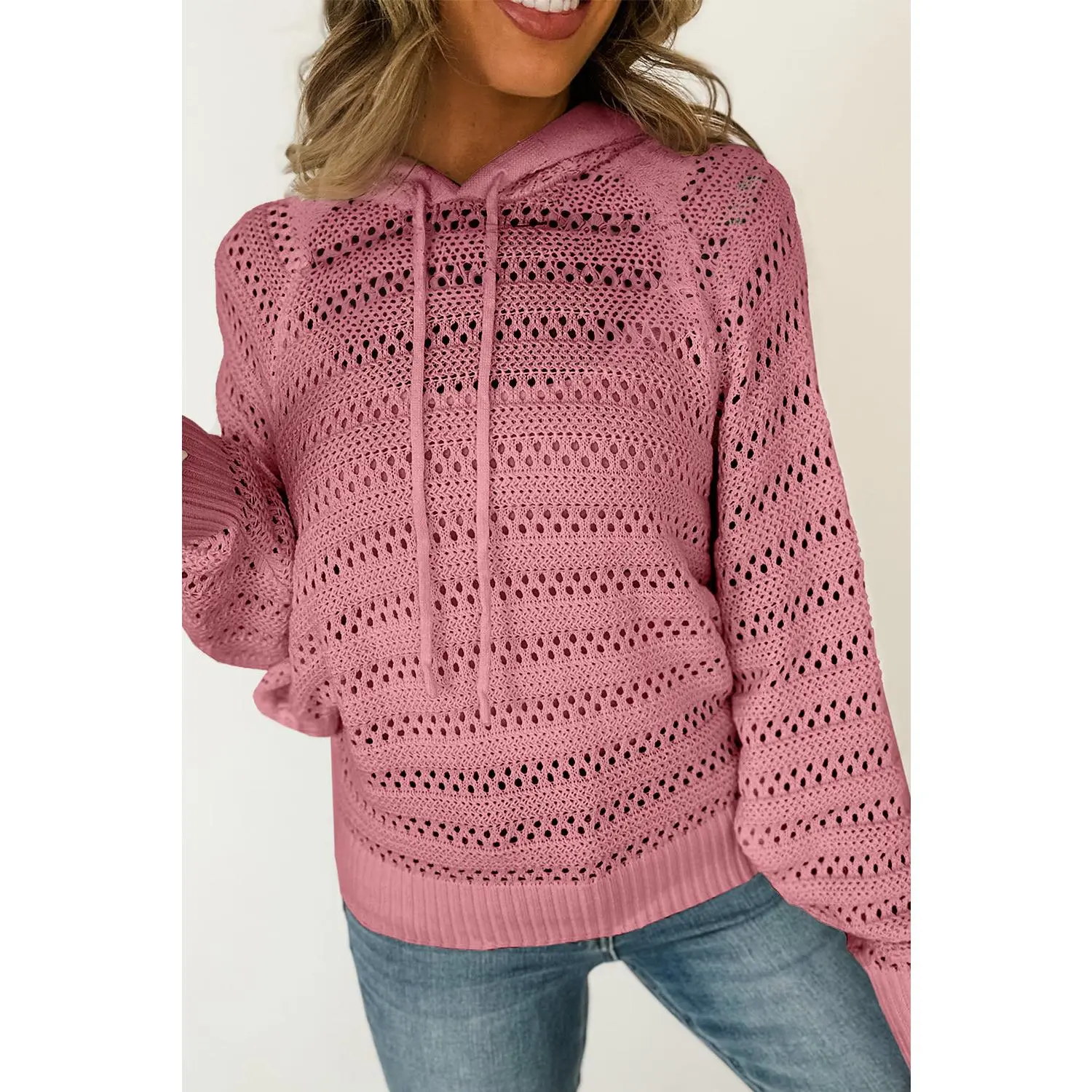 Peach Blossom Pointelle Knit Raglan Sleeve Hooded Sweater