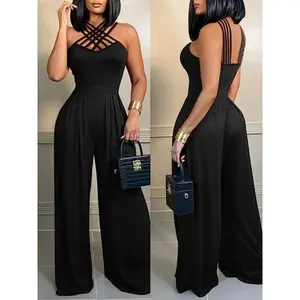 Elegant Black Wide-Leg Jumpsuit for Women – Chic Sleeveless Design with Crisscross Back Detail, 100% Polyester, Machine Washable, Knit Party/Dress Overall