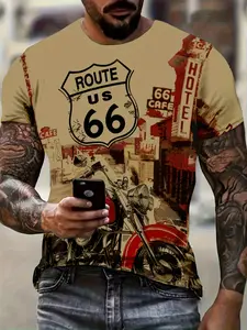 Men's Summer Outdoor Streetwear Motorcycle Style Short Sleeve Print Shirt, Casual Comfortable Sports Indoor Outdoors, All Seasons Fitted Tee