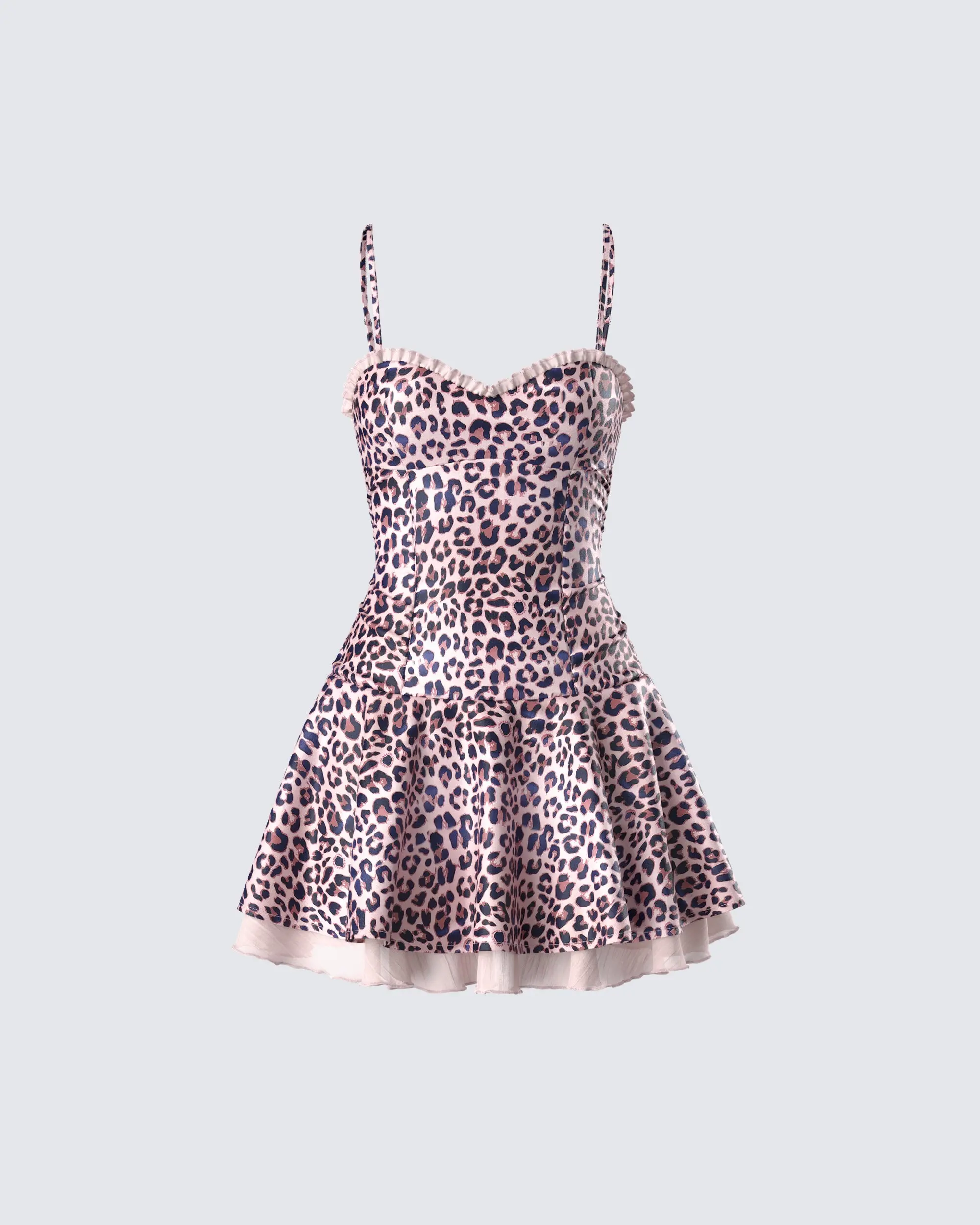 Women's Fitted Leopard Print Bustier Mini Dress - Sweetheart Neck, Pink Tulle Trim, Vintage Going-Out Party Dress