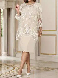 Floral Lace Dress, Elegant Knee Length Dress for Party Wedding, Women's Clothes for All Seasons