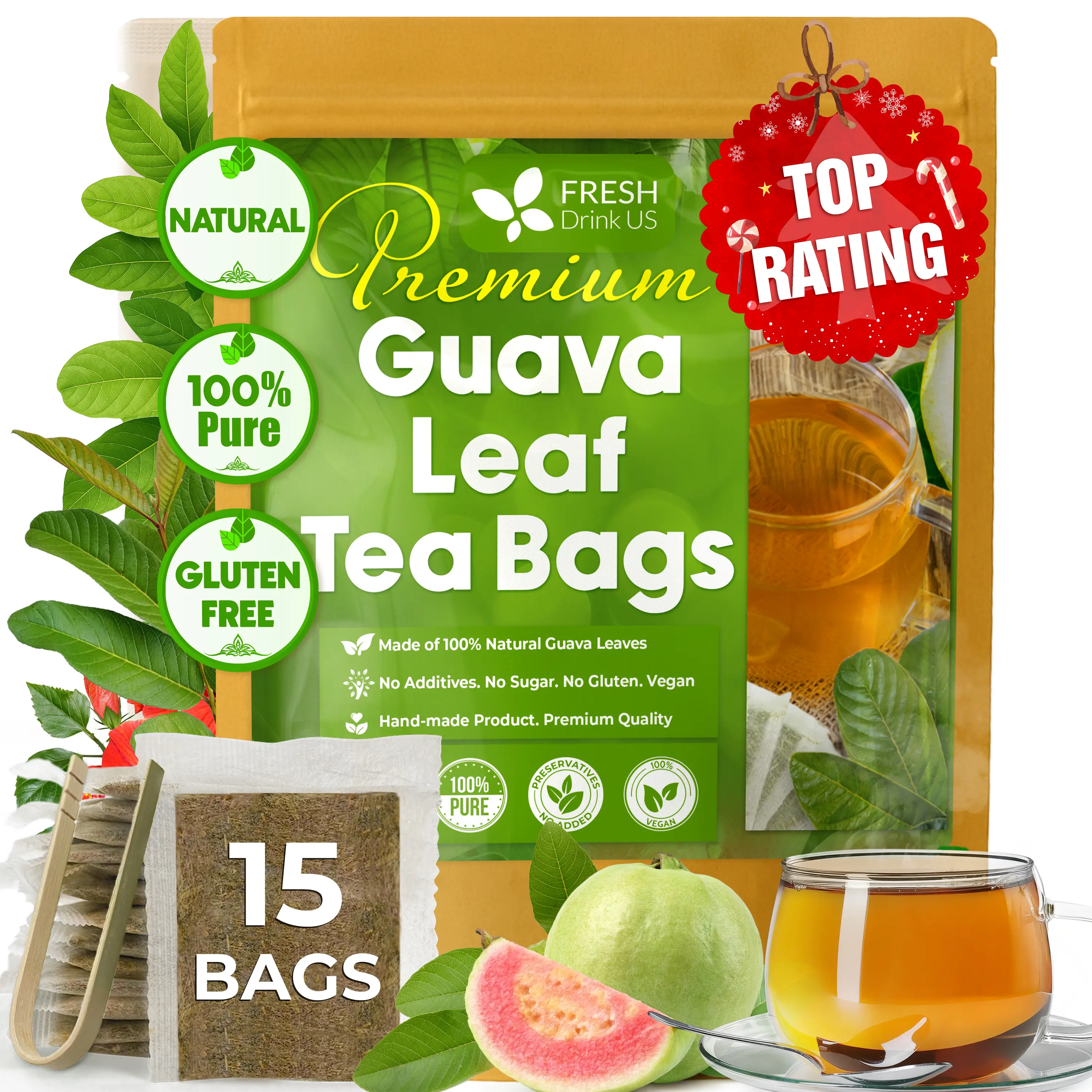 FreshDrinkUS, Premium 15 Guava Leaf Tea Bags, 100% Natural & Pure from Guava Leaves. Loose Leaf Guava Herbal Tea. Guava Leaf Tea. No Sugar, No Caffeine, No Gluten, Vegan.