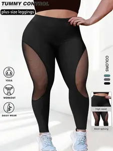 Women's Plus Size High Waist Mesh Patchwork Skinny Pants, Casual Punk Style, Comfortable Fashion for Daily Wear Athletic Activewear Leggings