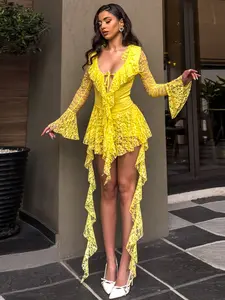 Women's Deep V Neck Ruched Waist Pleated Short Dress, Sexy Slim-Fitting Long Sleeve, Plain Color, All Seasons Fashion