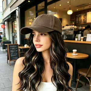 Baseball Cap Attached Wavy Medium Hair Wig Balayage Brown Highlight Synthetic Hat Wigs for Women Daily Wear Lazy Fashion Hairpiece
