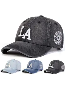 Unisex La Washed Denim Baseball Cap, Adjustable Outdoor Sun Protection Hat, Casual Fitted Design for Spring & Fall Travel, Fitted Snapback Hats