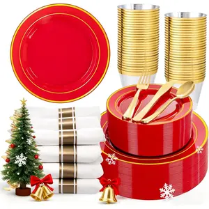 350Pieces Christmas Plates with Gold Plastic Silverware - Red Plastic Plates with Gold Rim Include 50Dinner Plate 10", 50Dessert Plate 7", 50 gold Cups 9 OZ, 50 Pre Rolled Napkins for Christmas/Party