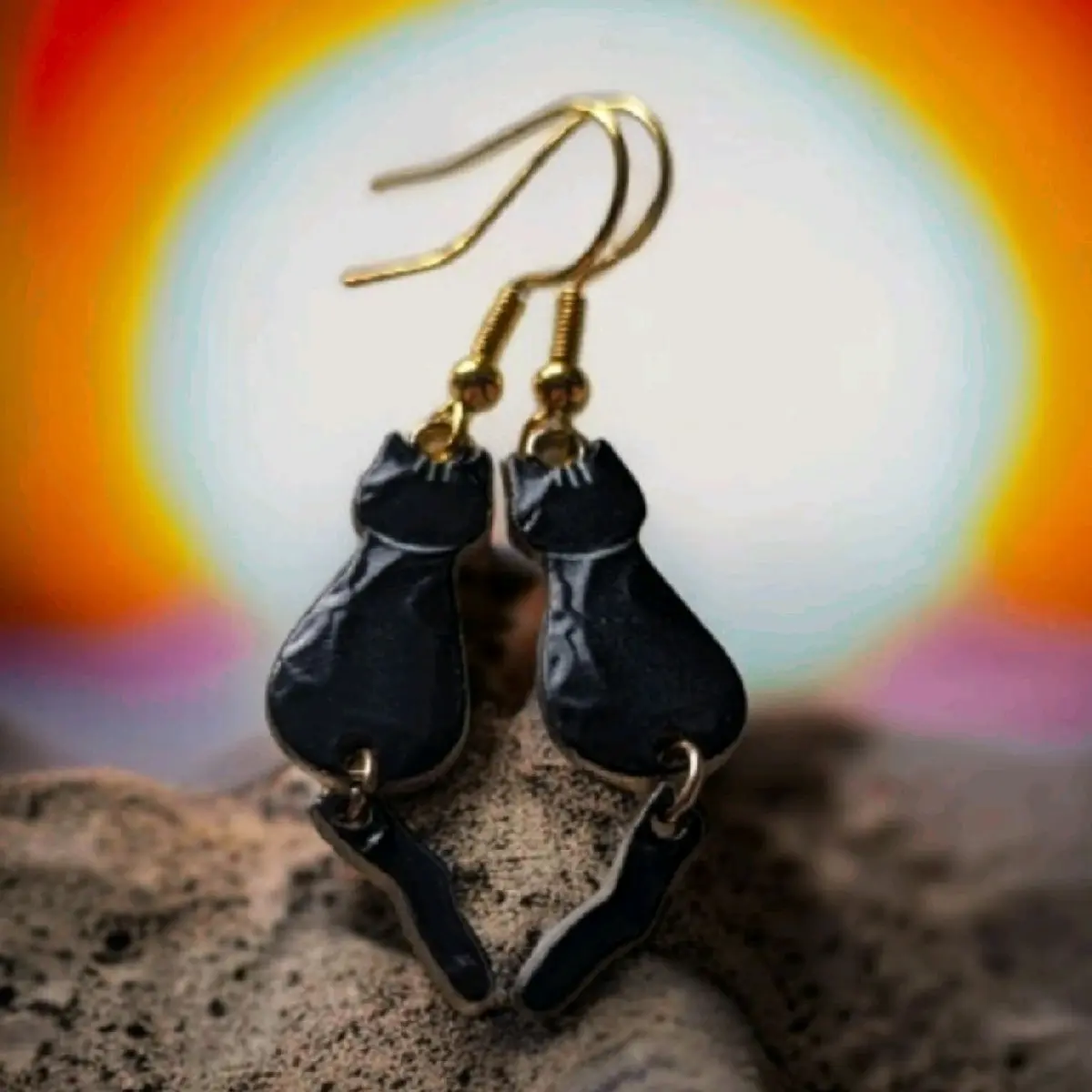 Black Kitty Dangling Cat Hook Earrings