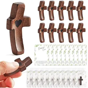 10 Set Bulk Wooden Handheld Pocket Cross Fidget With Card Organza Bag Easter Christian Encouragement Gift Small Fingertip Stress Relief Religious Craft for Prayer Church Dark Color