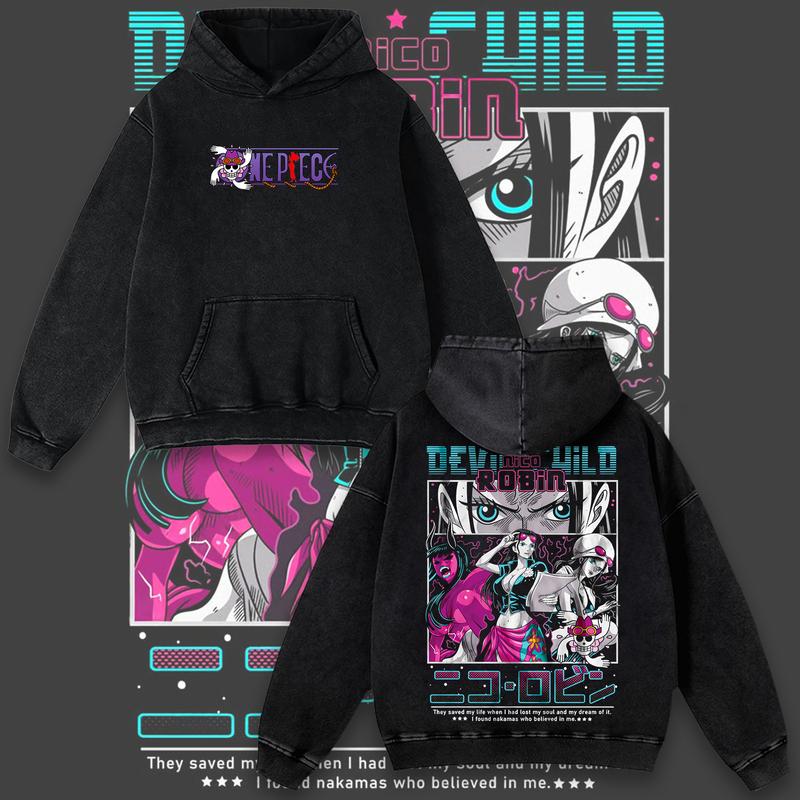 Retro Limited Devil Child Nico Robin One Piece Anime Double-Sided Printed Vintage Oversized Washed Graphic Hoodie, Casual Y2K Oversize Anime Manga Acid Wash Graphic Sweatshirt, Unisex Cotton Streetwear Otaku Top Fit Sweater, Gift For Fan Anime Lover Shirt