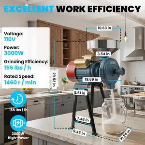 Electric Grain Mill Grinder, 3500W 110V Commercial Corn Grinder Heavy Duty Steel Grain Grinder Feed Mill Cereals Grinders Coffee Wheat Machine With Funnel, Thickness Adjustable, Dry & Wet Grinder