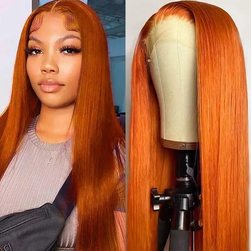 #350 Ginger Orange Human Hair Wigs 13x6 Straight Lace Frontal Wigs For Women 180% Density Body Wave HD Transparent Lace Frontal Orange Colored Hair Wig Pre Plucked With Baby Hair