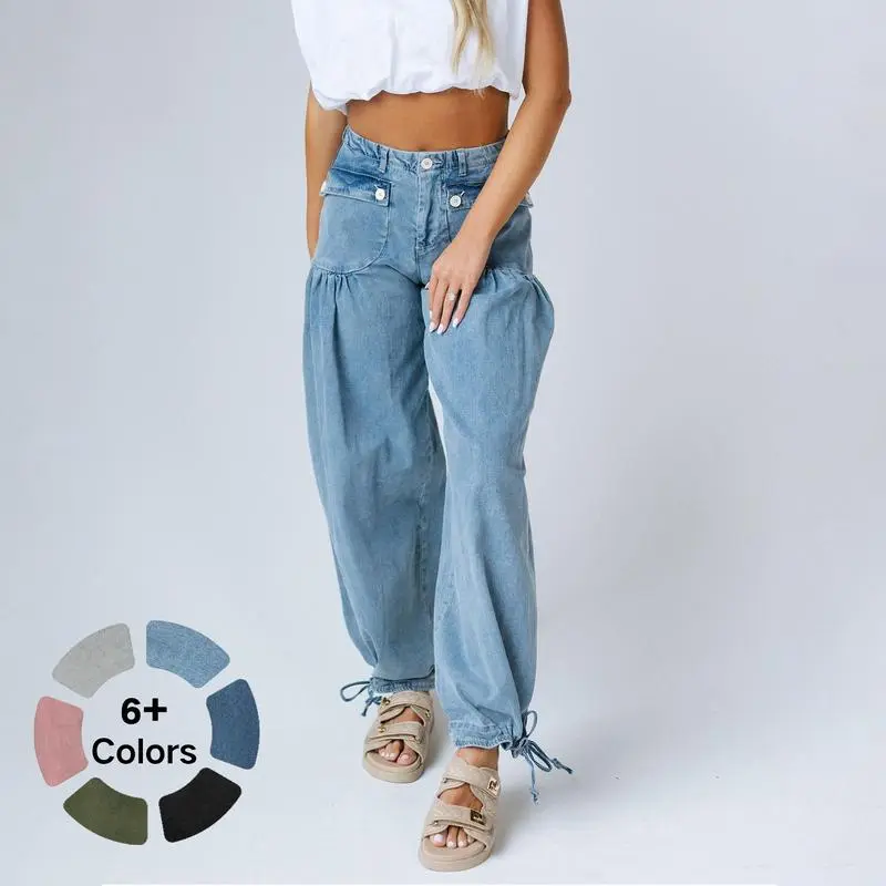 CHENGDEFA Stretchy mid-rise front pockets Comfortably loose ankle ties Lotus Tube Jeans Womenswear Bottom Streetwear Trouser