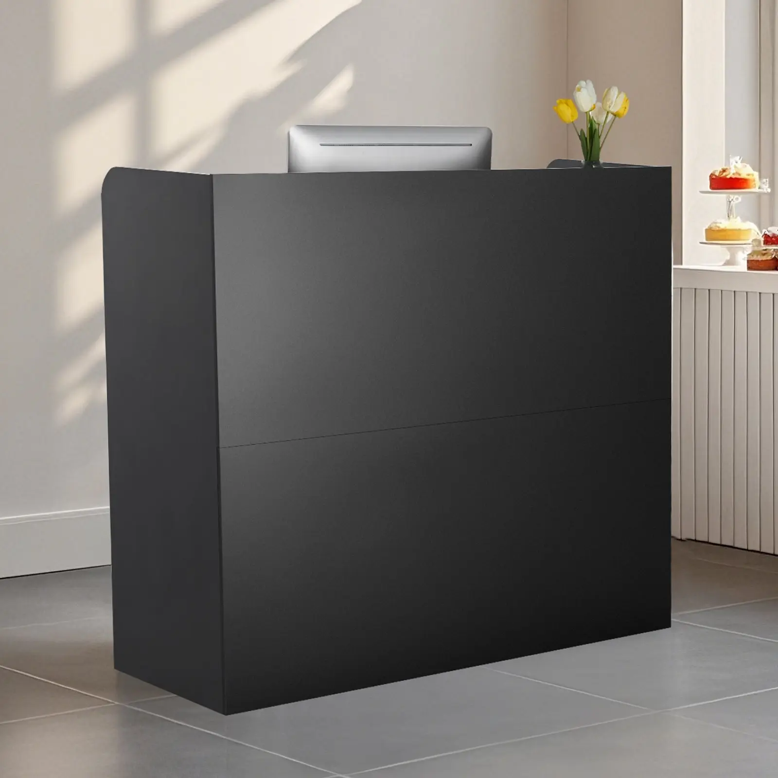 Reception Desk 47-Inch Rectangular Front Counter Table For Office, Lobby, Beauty Salon And Retail Checkout, With Lockable Drawer And Integrated Storage Cabinet, Reception Counter For Customer Greeting, Black Finish