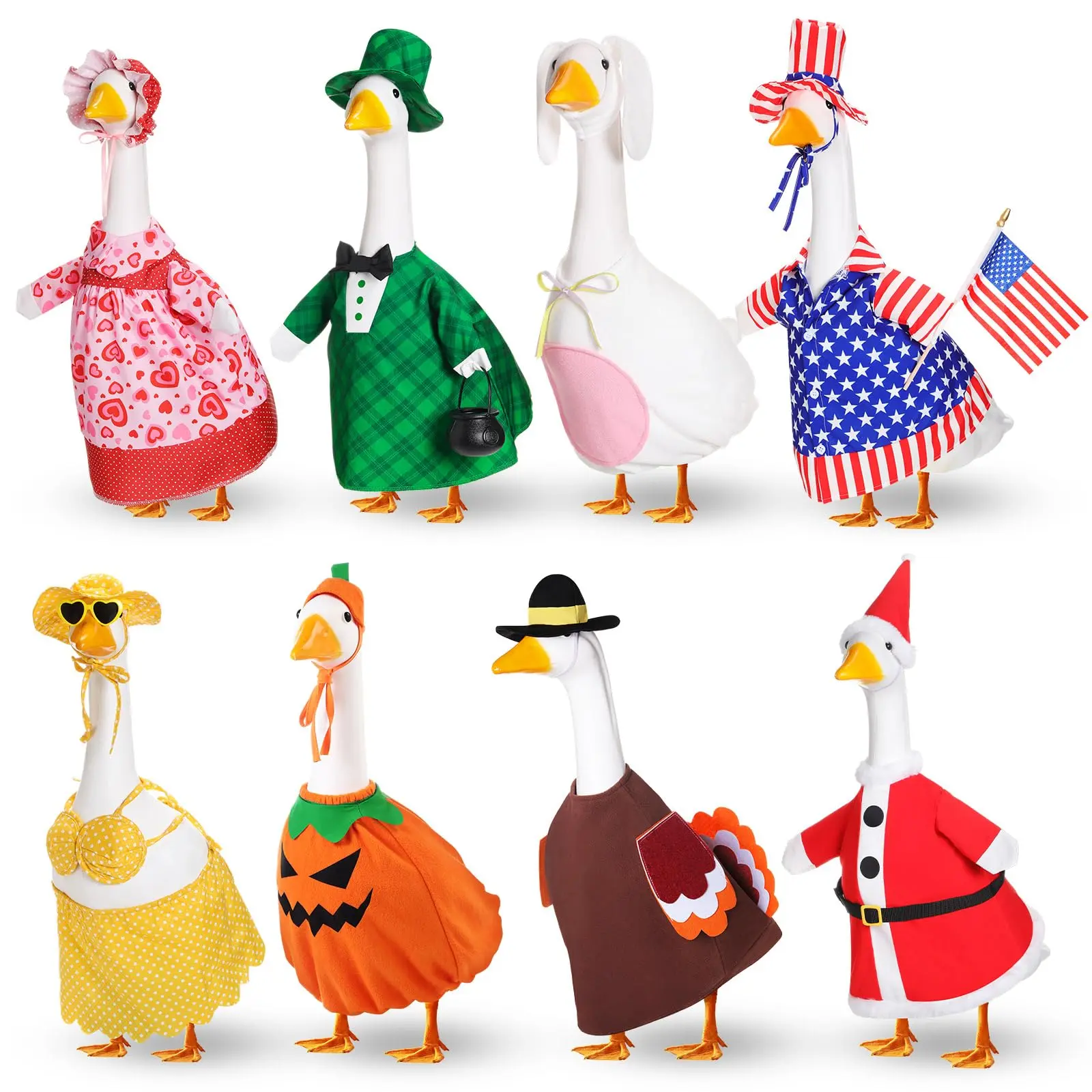 8 Sets Holiday Porch Goose Outfits fit 23 inch Goose, Summer 4th of July Fall Halloween Christmas Valentine St. Patrick Easter Lawn Porch Goose Clothing for Patio Yard Lawn Decor
