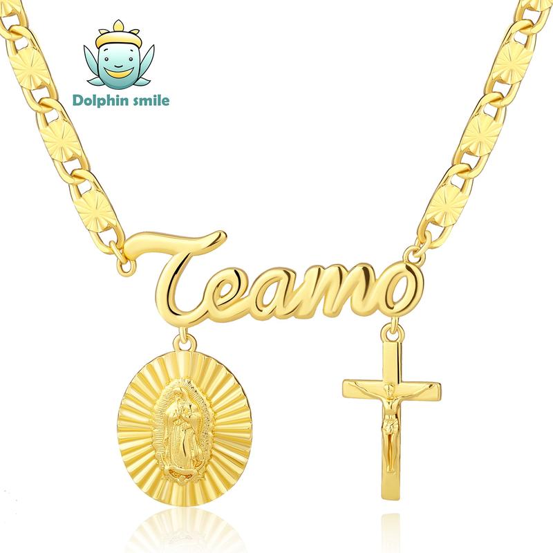 DolphinSmile Women's Religious Design Necklace Set - Te Amo Pendant, Virgen de Guadalupe Charm, Virgen Mary Cross, San Judas Tadeo Bracelet, Casual, All Seasons, Daily Wear