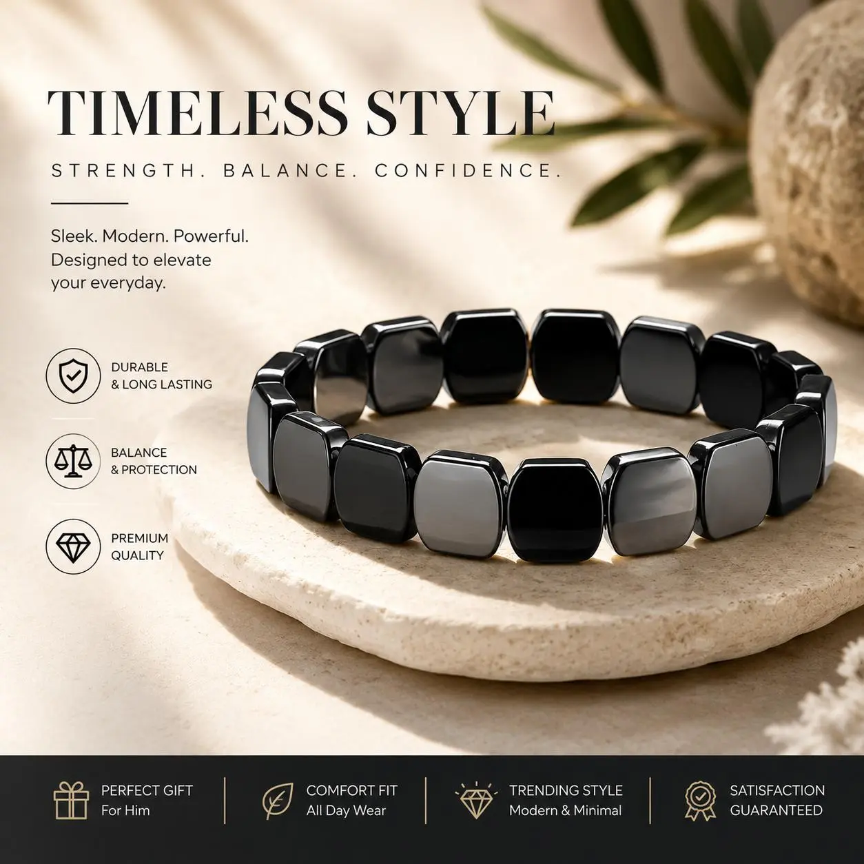 Natural Hematite Male Bracelet - Stretch Rope Beads Costume Jewelry, T-Levels Support, Mental Clarity & Focus, T Bracelet Band for Daily Wear, Ideal Christmas/Birthday Gift