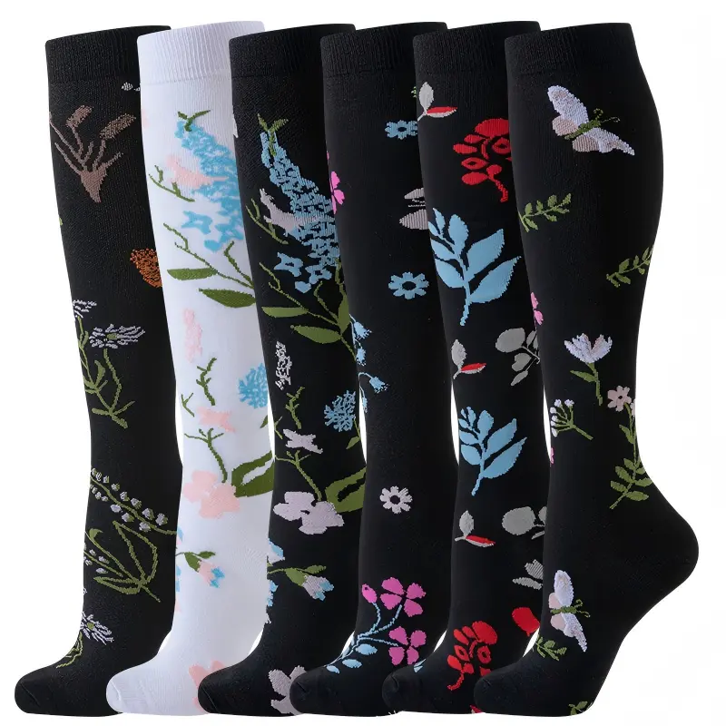 Compression Stockings for Women, 6-Pack Knee High Fit with Golden Ditsy Floral Patterns, Breathable Fashion Apparel for Gym & Varicose Veins Relief