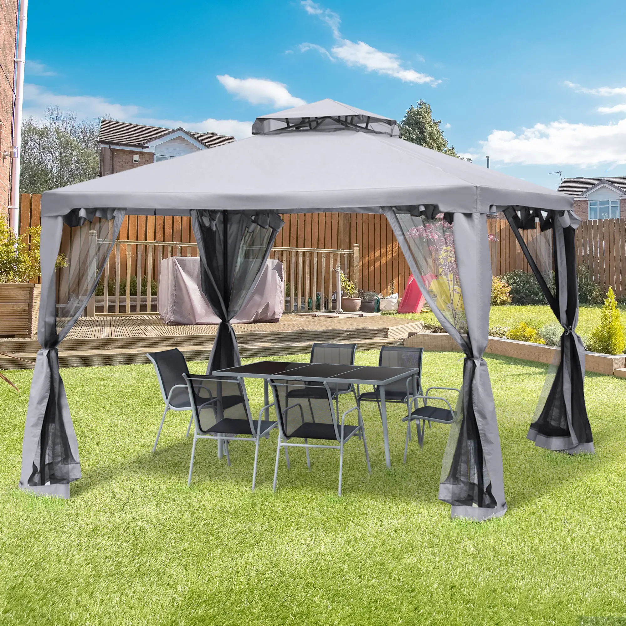 9.6' x 9.6' Gray Steel Frame Patio Gazebo - Outdoor Canopy Shelter with 2-Tier Roof and Netting for Garden, Backyard