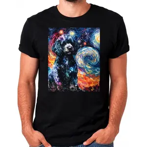 Menswear 100% Cotton Graphic T-Shirt - Aesthetic, Casual, Classic Black Poodle Starry Night Design for Dog Lovers