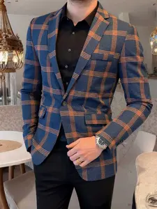 Men's High-End Classic Slim Fit Business Casual Plaid Blazer Jacket, Spring & Fall, Colorblock Style, Perfect for Commuting and Dates