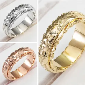 Women's Copper-Plated Electroplated Hawaiian-Style Hand-Carved Rose Flower Band Ring, Multi-Size Vintage Wedding Anniversary Fashion Costume Jewelry Gift
