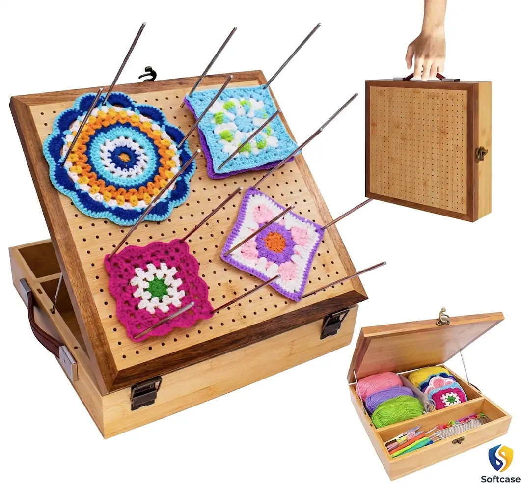 Crochet Blocking Board - with Storage Drawer & 20 Pegs, 12" Bamboo Granny Square Blocking Board for Crochet Projects, Ideal Crocheting Gifts for Crocheters Summer Vibes Daughter Creative STEM School present Mother Grandma Clothing Hobby Cute Kawaii Girl