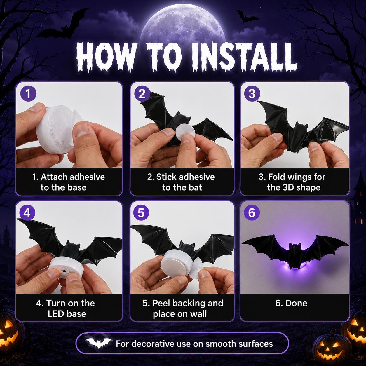 3D Bat Light LED Decorations, 12pcs/24pcs Halloween Spooky Ornaments, Bendable Wall Stickers with Smooth Bubble-Free Application, Easy Install Battery Powered Glowing Decor, Non-Remote Indoor Decor for Home, Party, Window, Door, Festival