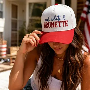 Red White & Brunette Hat for Women – Cute Patriotic Trucker Cap, July 4th Outfit Essential, Adjustable Summer Beach Hat, Trendy America Style summerwins
