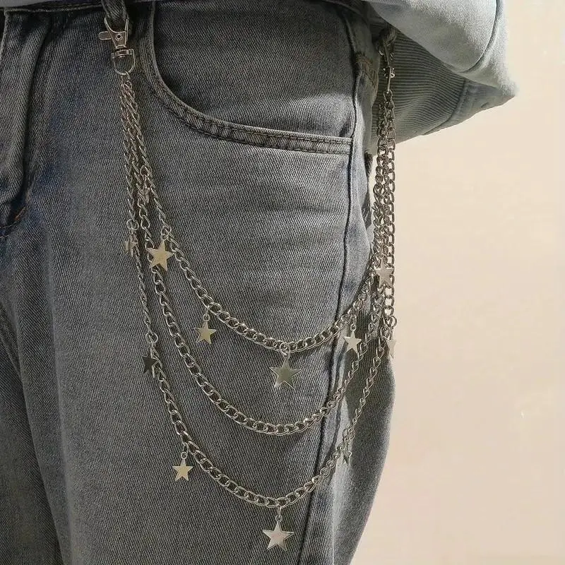 Layered Silver Waist Chains, Punk Metal Pant Chain for Adults with Star and Pentagram Charms, No Buckle Decorative Belt