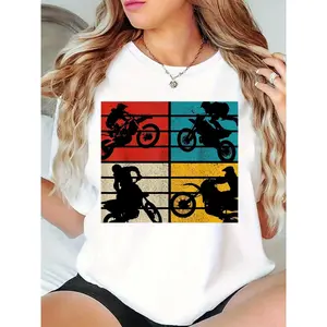Women's Vintage Motocross Dirt Bike Silhouette T-Shirt Retro Color Block Casual Wear Gift for Motocross Enthusiasts 100% Cotton T-shirt