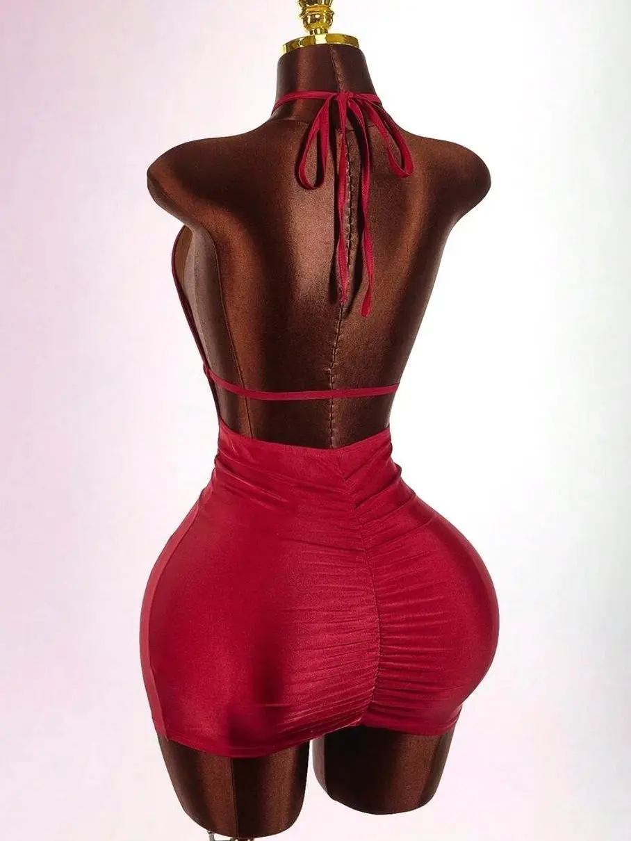 Amplova Women's Y2K Minimalist Backless Ruched Bodycon Halter Neck Dress,Burgundy Summer Techno Club Night Rave Slay Diva Party Red Club Outfit