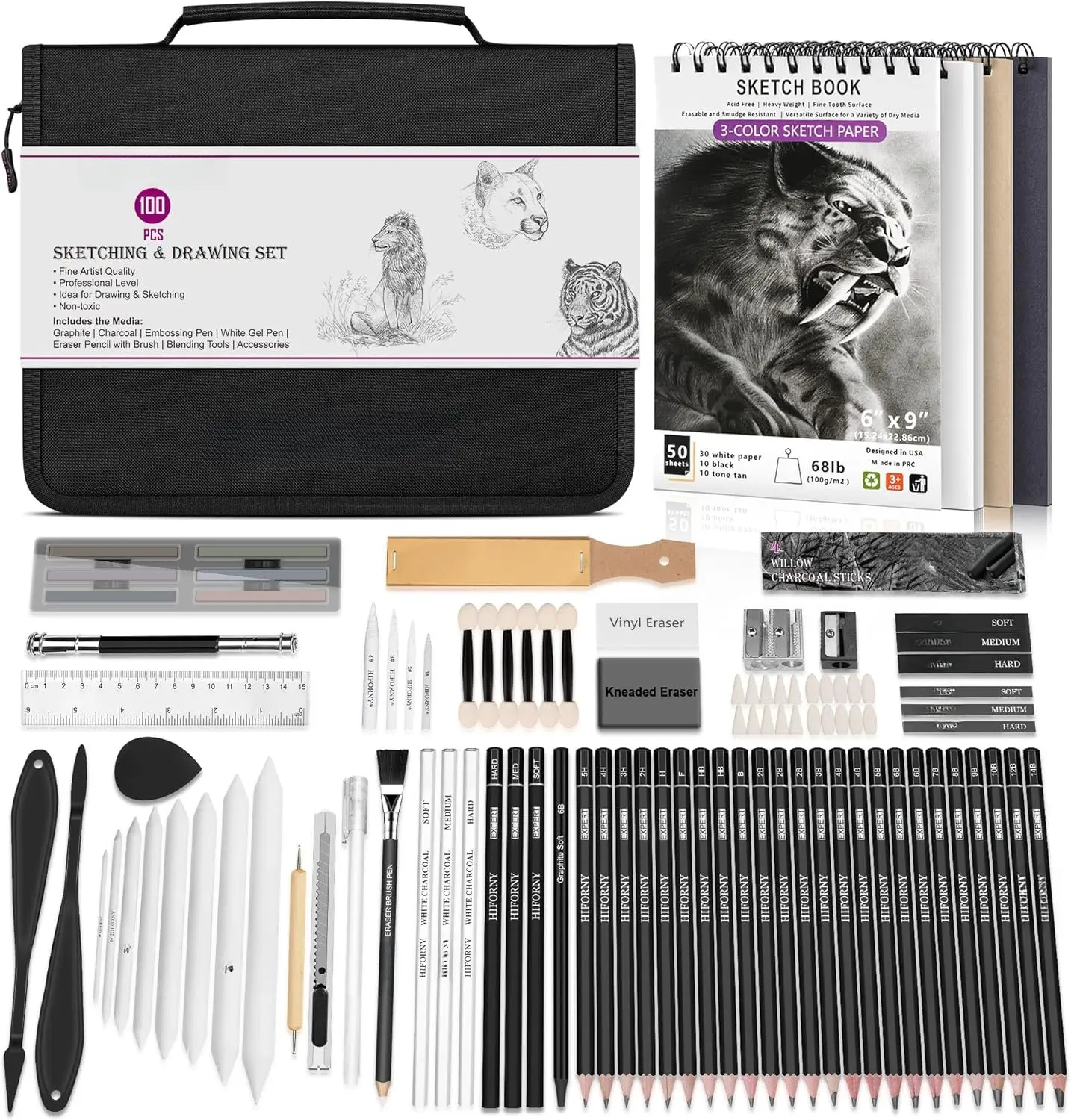 100 count Drawing Set Sketching Kit,Sketch Pencils Art Supplies with Graphite,Charcoal,Blending Tools & Accessories,Portable Zippered Travel Case for Artists & Beginners, 1 Blender Sponge, 1 Embossing Pen, 6 X 9", 1 Pencil Extender