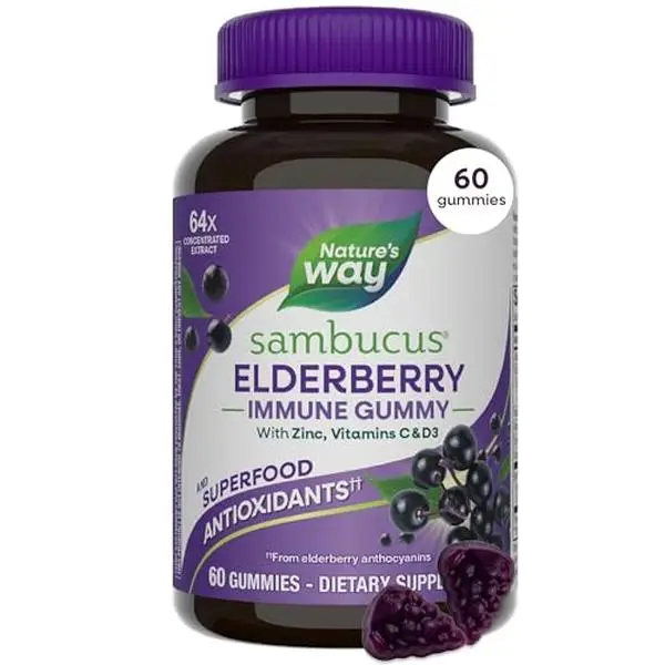Nature's Way Sambucus Elderberry Gummies, Immune Support Gummy for Adults & Kids Ages 4+ with Black Elderberry Extract, Vitamin C, Vitamin D3, and Zinc*, 60 Gummies