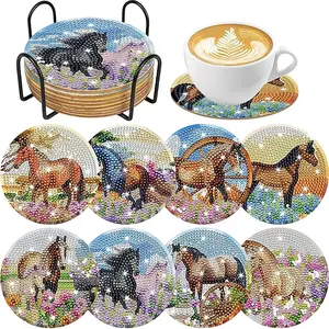 8-Piece Diamond Art Cup Mat Set with Stand, DIY Horse Pattern Diamond Painting Kit, Suitable for Adults and Beginners, Perfect Gift
