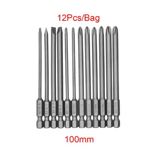 12pcs/set Alloy Steel S2 Slotted Phillips Screwdriver Drill Bits Magnetic for Head 100mm for Extra Long Hand Tools