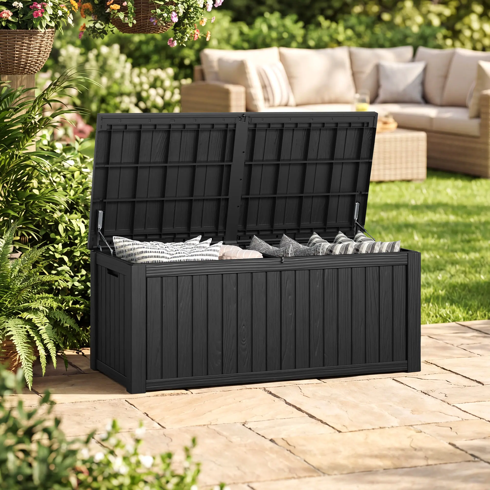 200 Gallon Resin Deck Box, Weather Resistant Outdoor Rattan Storage Box, Lockable Indoor Outdoor Storage for Supplies and Essentials, Black. Summervibes