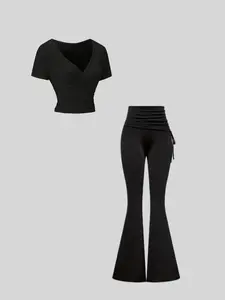 Women's Back-To-School Set, V-Neck Solid Color Pleated Fitted T-Shirt & Drawstring Slim Fit Pants, Casual Fashion for Fall Season