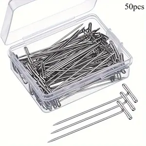 50pcs Wig T-Pins 2Inch Stainless Steel Wig Pins For Wigs Foam Head, T Pins For Sewing, Wig T Pins, Blocking Pins, T Pins For Office Wall With Plastic Box