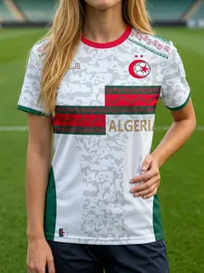 Women's Loose Fit Algeria Soccer Jersey, Sporty All over Print, Breathable Athletic Streetwear, Traditional Pattern World Cup Tee