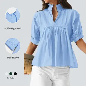 Imily Bela Womens Puff Sleeve V Neck Peplum Blouse Babydoll Pleated Loose Fit Dressy Casual Top
