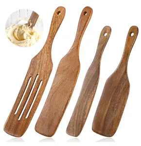 Spurtle Set Natural Acacia Wooden Kitchen Utensils Set of 4 — Wooden Spoons for Cooking, Stirring, Mixing & Serving, Spurtles as Seen on TV for Nonstick Cookware