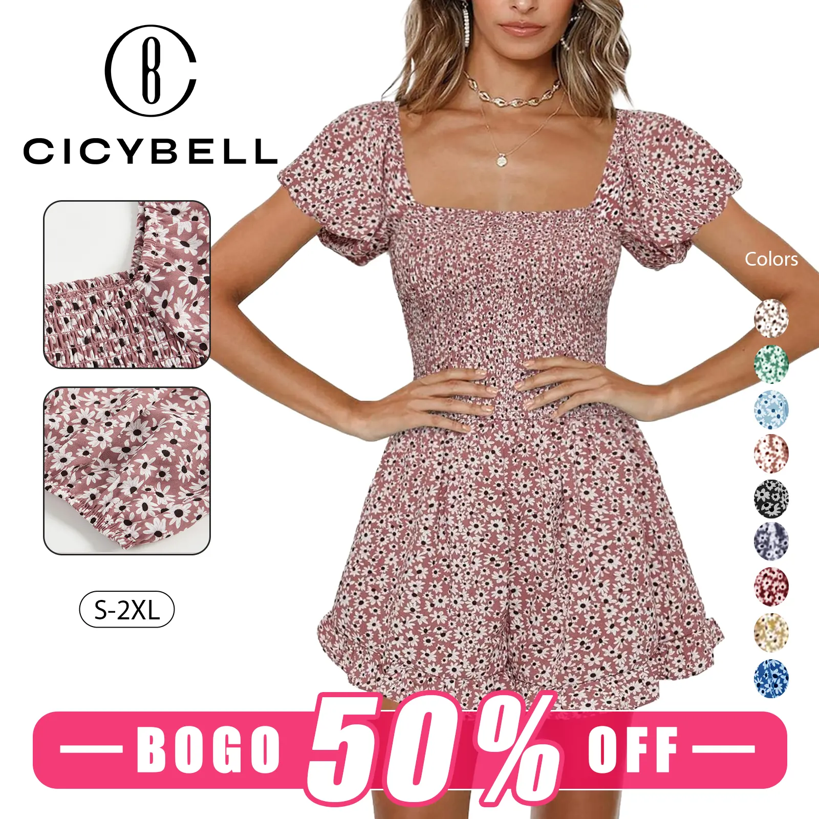 【BOGO 50% Off 】Cicy Bell Women Shirred Smocked Tube Top Short Wide Leg Pants Romper Jumpsuit