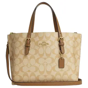 Coach Mollie Classic Monogram Tote Bag with Zipper Closure in Coated Canvas and Smooth Leather for Women in Khaki